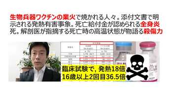 生物兵器ワクチンの業火で焼かれる人々。添付文書で明示される発熱有害事象。死亡給付金が認められる全身炎死。解剖医が指摘する死亡時の高温状態が物語る殺傷力